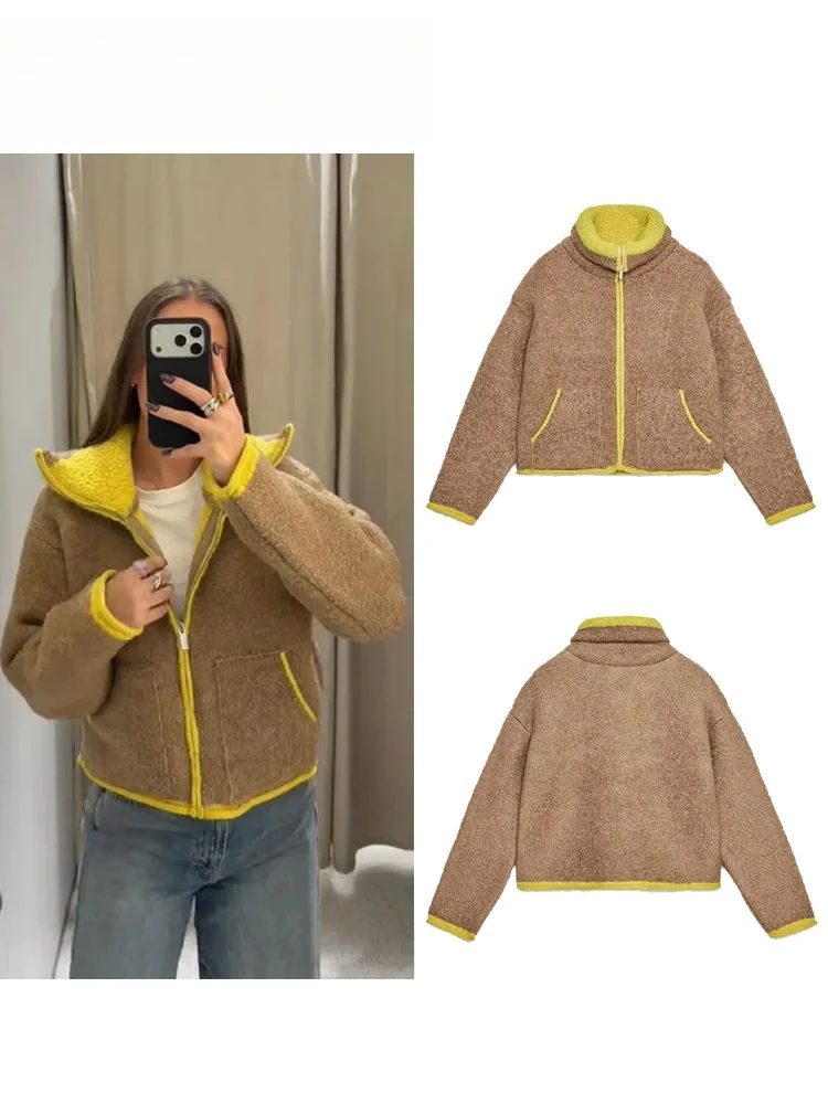 

Модное контрастное вязаное пальто, женское пальто с воротником-стойкой и карманами на молнии, куртка с длинными рукавами, осенняя женская элегантная верхняя одежда, новинка весны 2023 г.