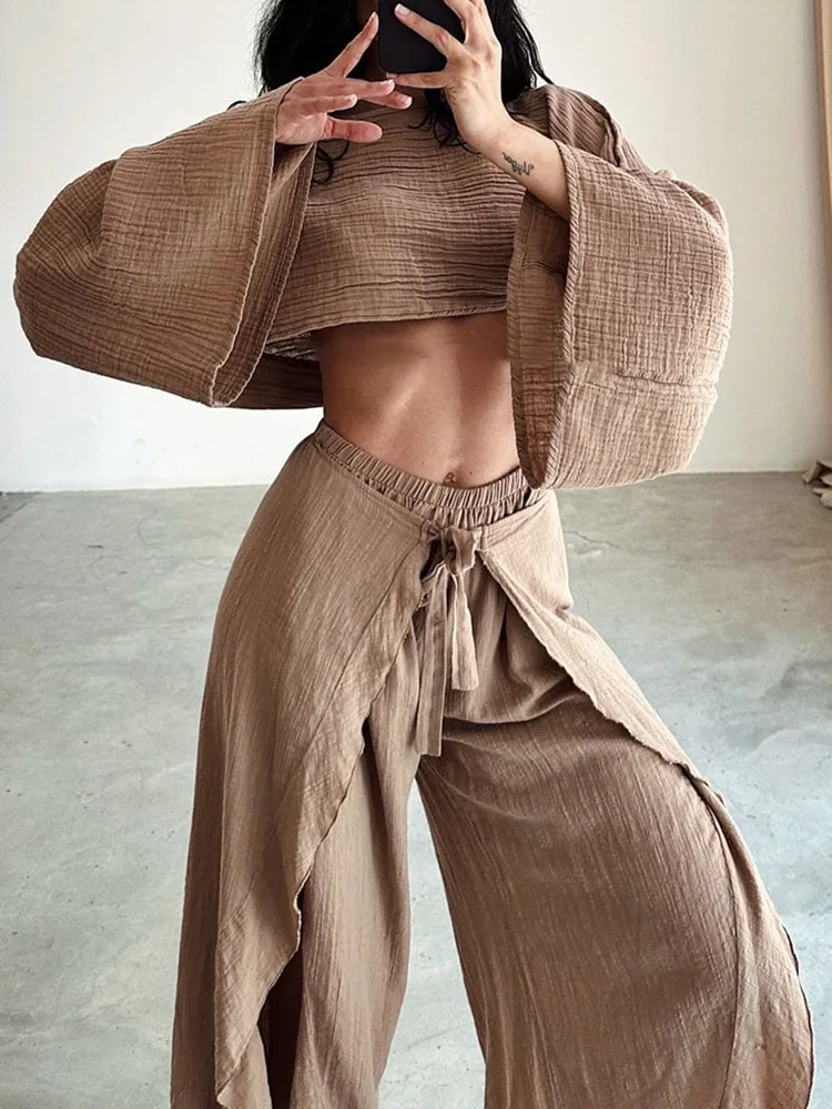 

Ankle-Length Pants O Neck Short Top Suits Femme Patchwork Lacing Up Loose Pants Outfits Streetwear Casual Women Two Piece Sets