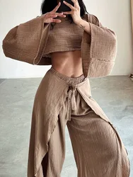 Ankle-Length Pants O Neck Short Top Suits Femme Patchwork Lacing Up Loose Pants Outfits Streetwear Casual Women Two Piece Sets