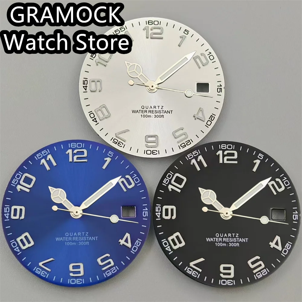 GRAMOCK 29mm Quarzuhr-Zifferblatt Schwarz Weiß Blau mit Zeigern und Zahlenindex, Leuchtend, Passend für RONDA 515 Uhrwerk-Zubehör