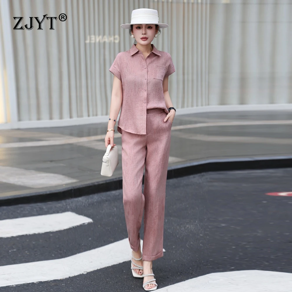 

ZJYT Summer Women's Linen Blouse and Pants Set Two Piece Outfit Pink Casual New Matching Sets Ladies Elegant Outfit 2026 New