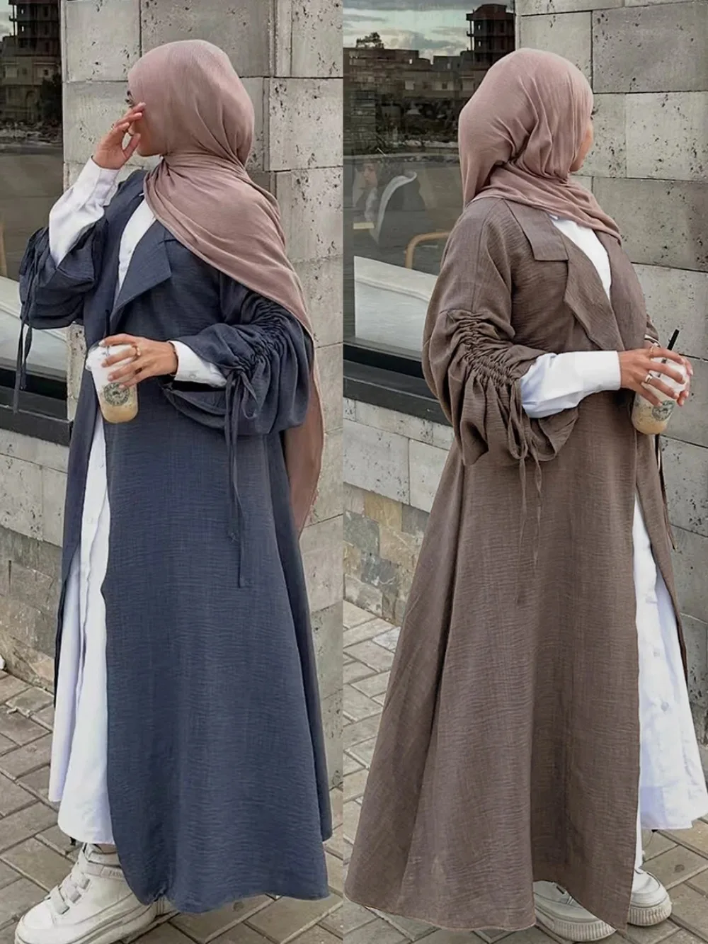 Eid Dubai Women Lapel Abaya Trench Coat Dress Lace-up Cardigan Outwear Muslim Ramadan Mdoest Open Abayas Arab Long Robe Morocco