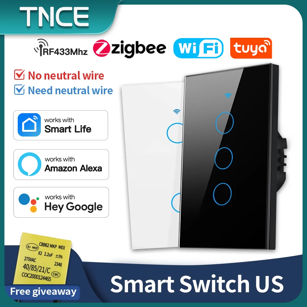 TNCE Tuya US Switch wifi zigbee, 1/2/3/4 gang, No-Neutral/Wire LED light control Wall Button, smart voice with Alexa Google Home