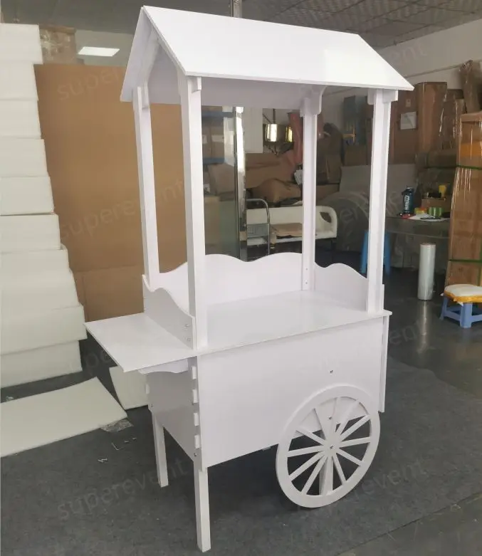 

Custom Cheap Price Wedding Supplies White PVC Candy Cart Party Decoration Dessert Bar Cart with Wheels for Parties