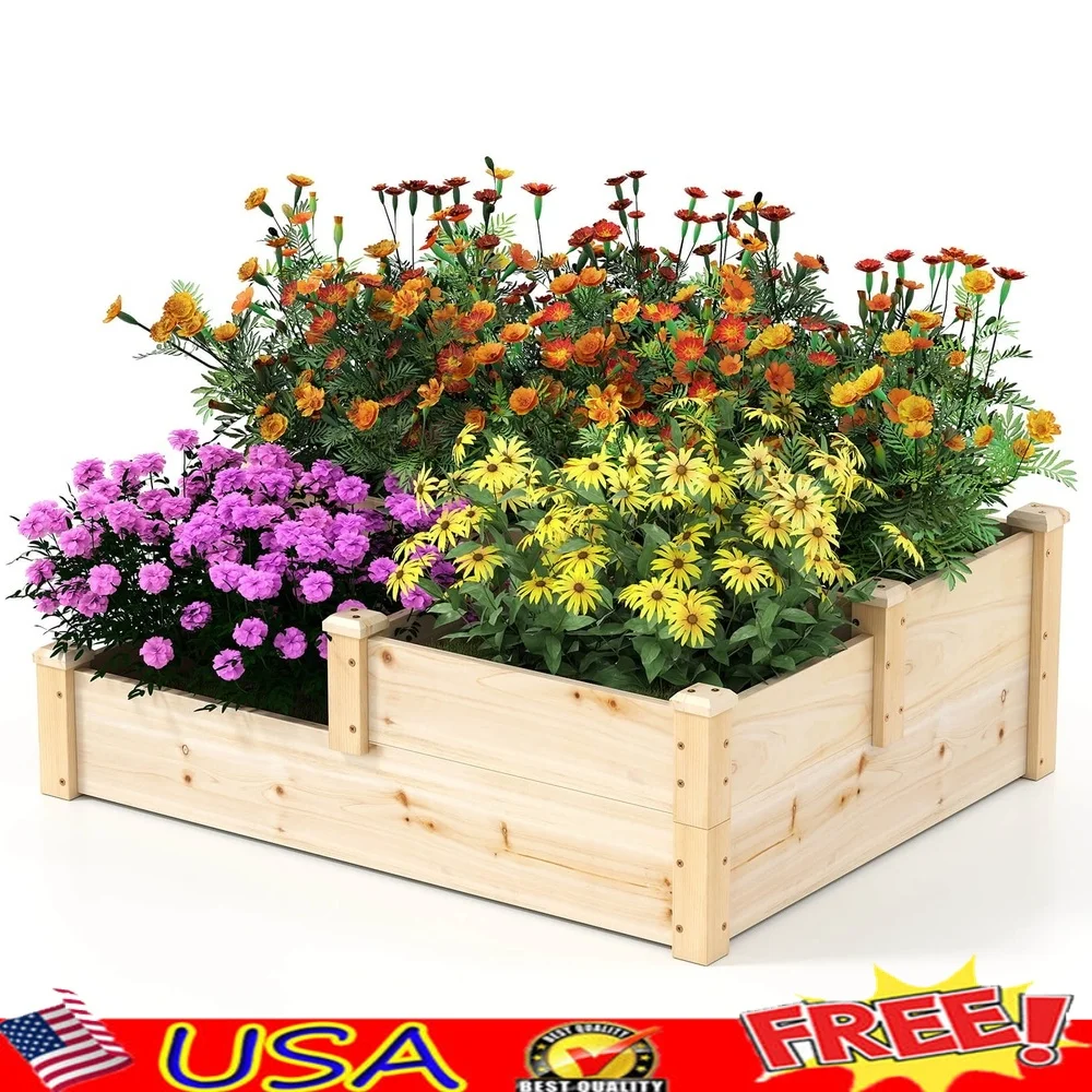 

3-Tier Outdoor Raised Garden Bed Planter Box Durable Fir Wood Easy Assembly Vegetables Flowers Herbs Patio Lawn Backyard