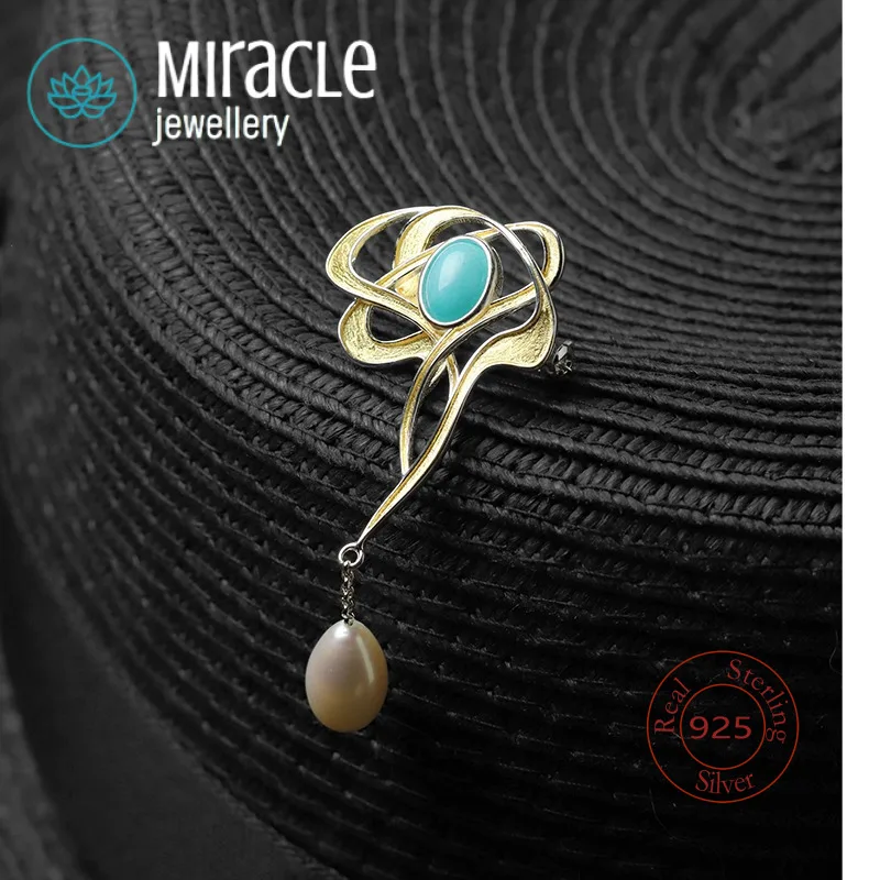 

Miracle Sterling Silver 925 Bohemian Rhapsody Tribute To Mucha Art Nouveau Style Pearl Pendant Brooch Dual-Use