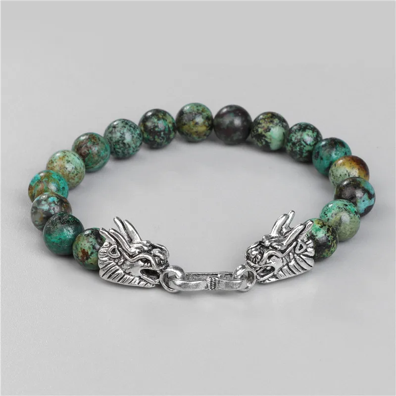 Natural African Stone Agates Beads Bracelet Silver Color Dragon Head Button Chain Bracelets Vintage Charm Jewelry for Men Women