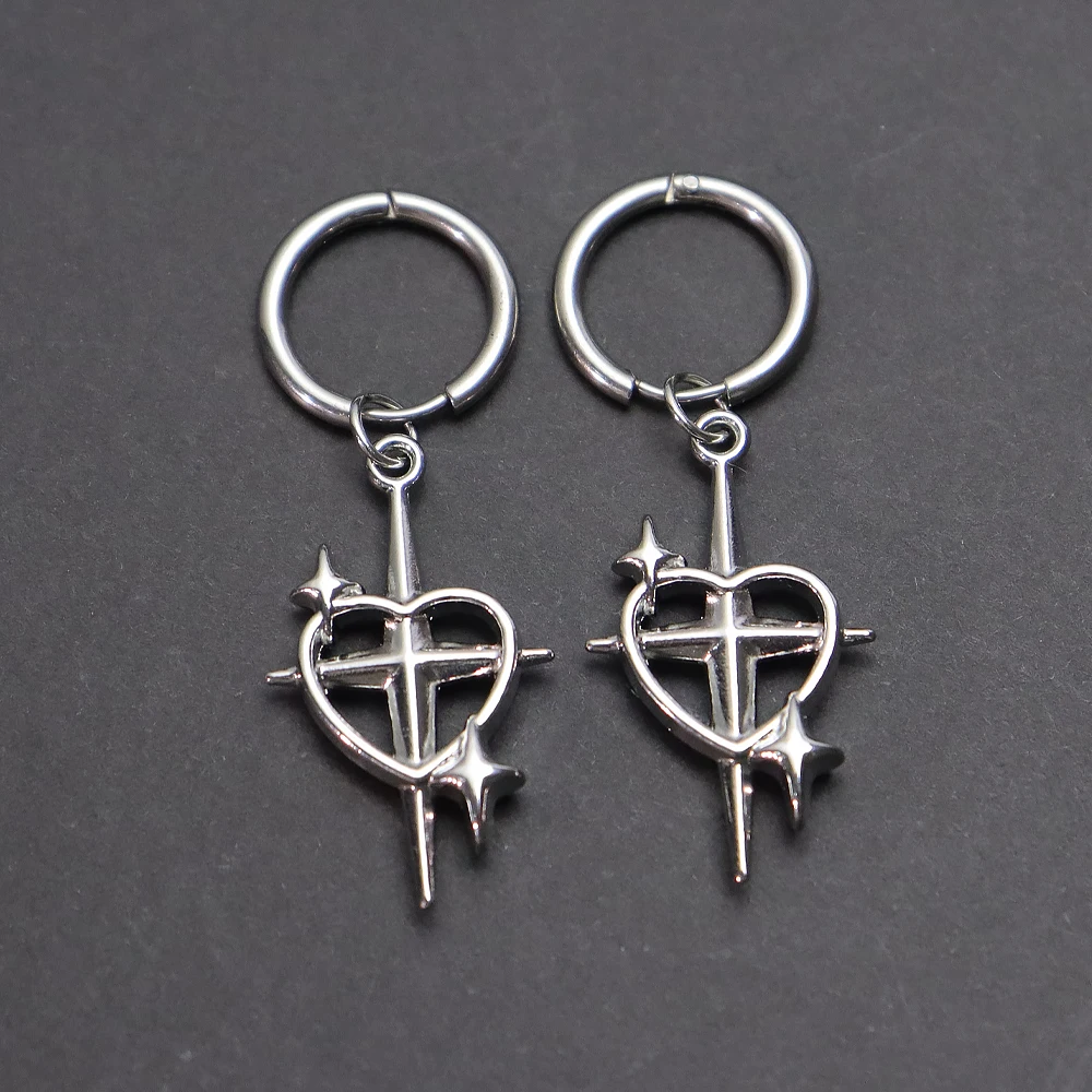 Y2K Grunge Gothic Cross Drop Earrings Heart Star Ornate Cross Charm Huggie Hoops, Edgy Alternative EMO Dark Aesthetic Earrings