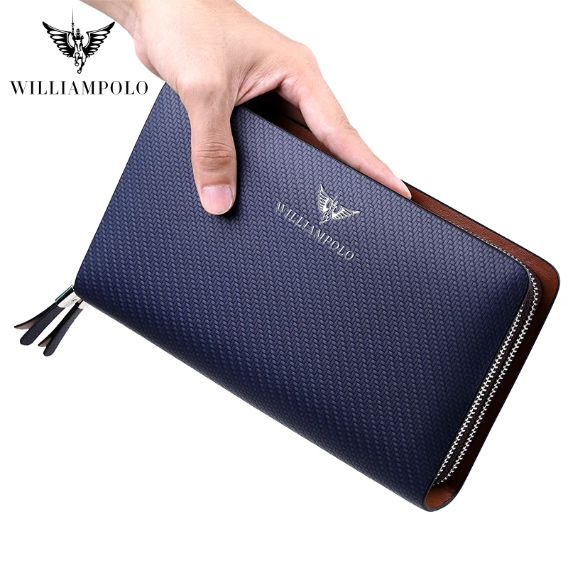 WILLIAMPOLO Men\'s Wallet Business Large Capacity Clutch Bag Genuine Leather Clutch Wallet Double Zipper Handbag Long Men Wallet