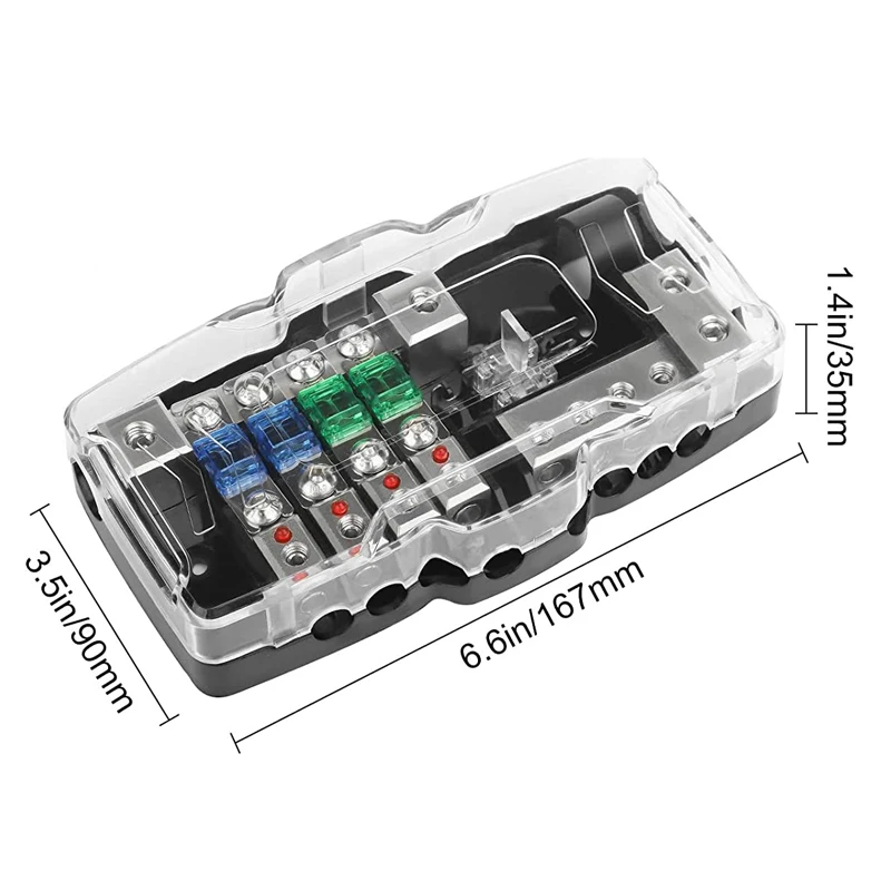 Multi functional fuse box with LED light (four-way fuse 30A/60A+two in four out junction box+2 spare fuses 80A)