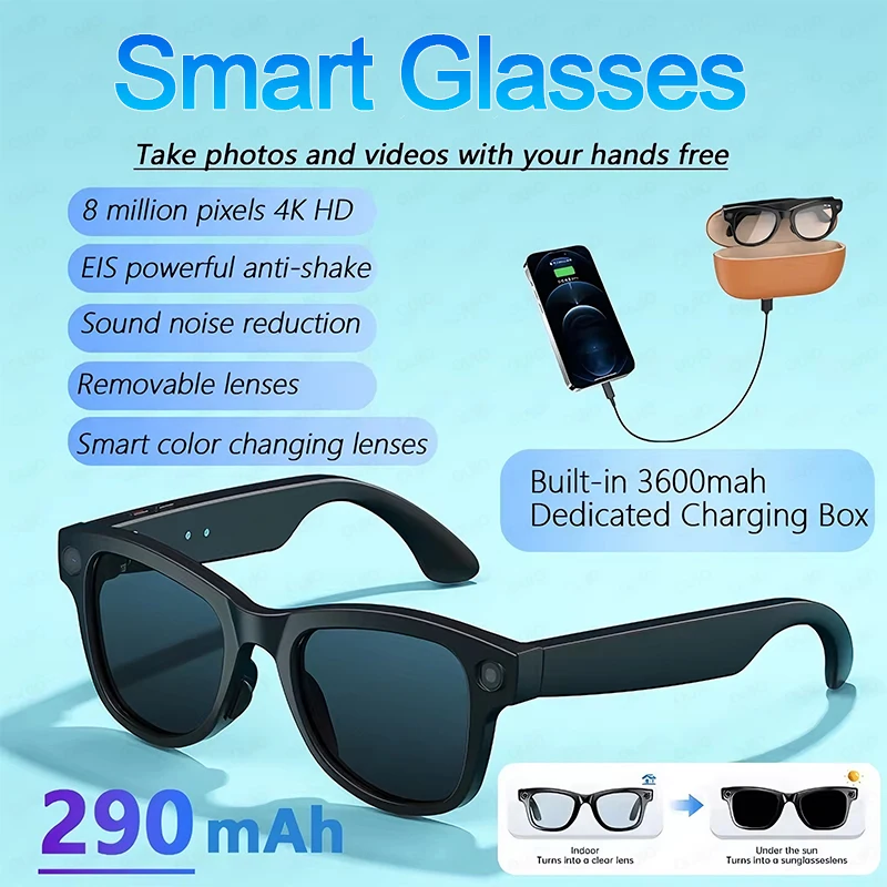 

2026 Smart AI Glasses 1200P Shooting 800W Camera Translation Dual Speaker Charging Case WiFi Transmission BT Call Smart Glasses