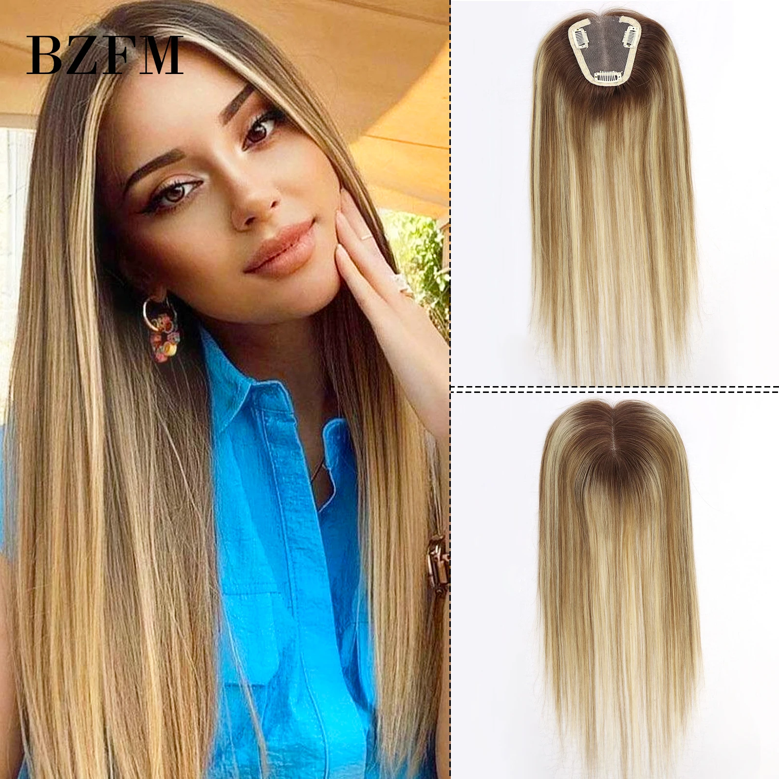 

Ombre Blonde Brown Highlight European Human Hair Toppers Women's Hair Pieces Lace Base Clip in Topper Hair Extension for Women