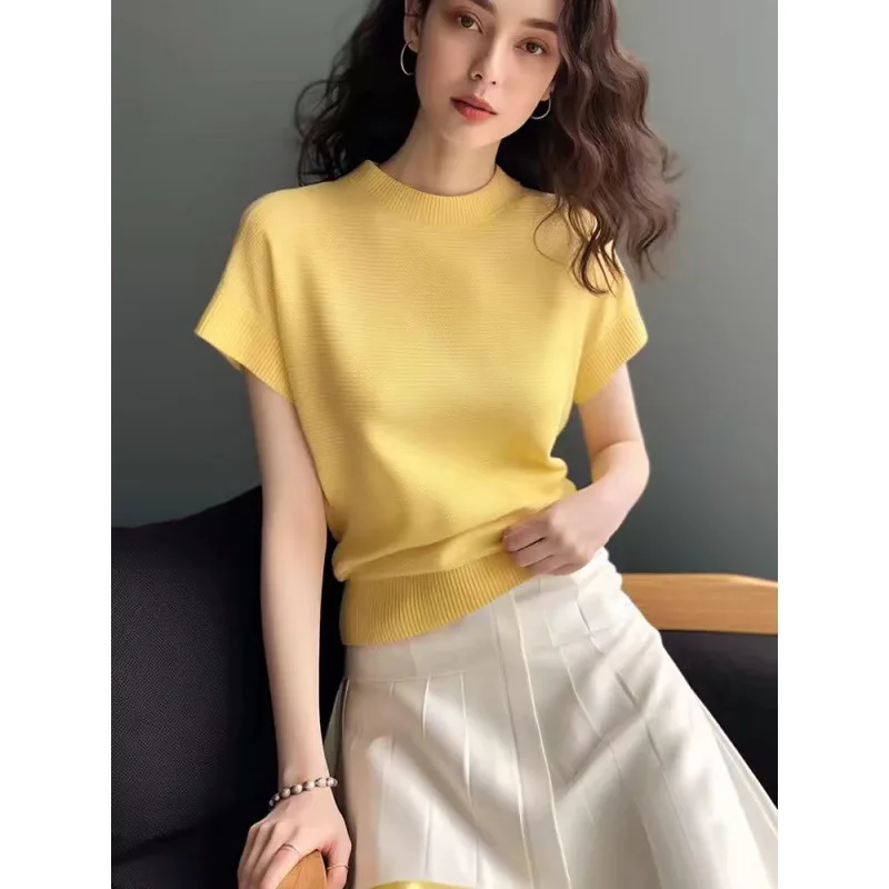 Jersey amarillo holgado con estilo para ir al trabajo y Material de seda de hielo transpirable, colección de verano para mujer