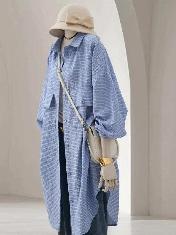 

Spring 2026 Lazy Sle Texture Sensation Air Conditioner irt plus Size Women's Mid-Length Collared Long Sve Striped irt