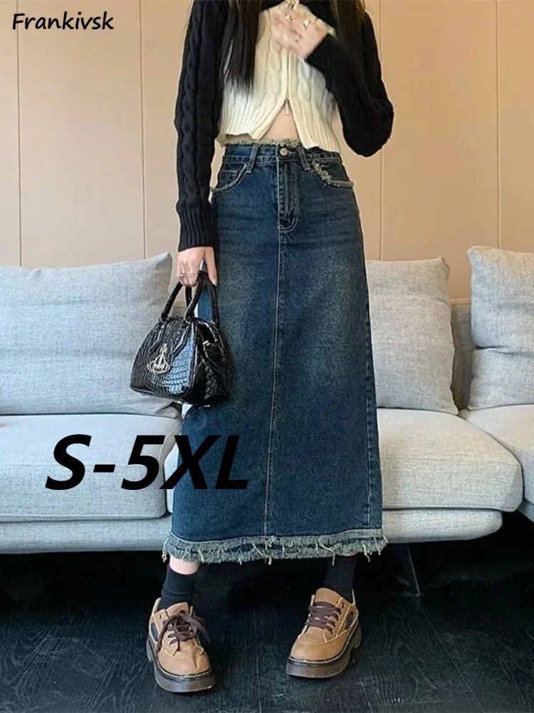 S-5XL Denim Skirts Women Vintage Tassel Design Autumn Basic Fashion Ins All-match Midi Faldas Back-slit College High Waisted New