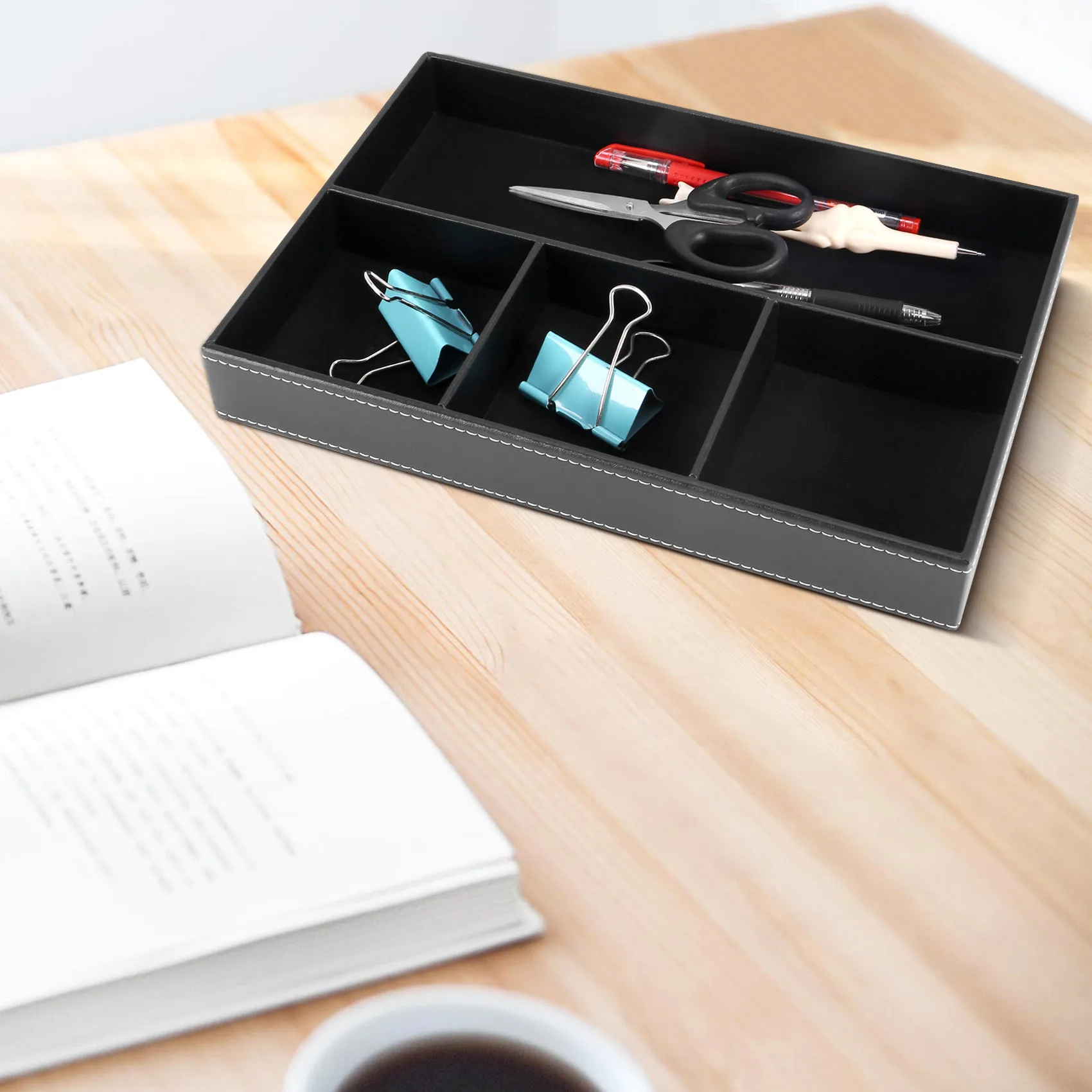 Organisateur de tiroir de bureau à 4 compartiments, séparateur de rangement en cuir PU pour fournitures de bureau, collection de valeur et accessoires