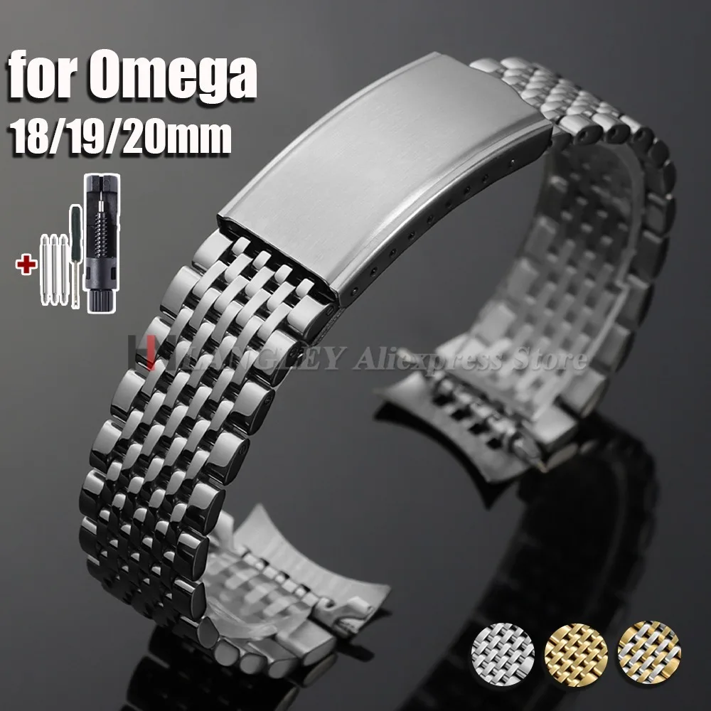 18mm 19mm 20mm Stainless Steel Watch Strap for Omega Seamaster Speedmaster Curved End Metal Strap Business Replacement Bracelets