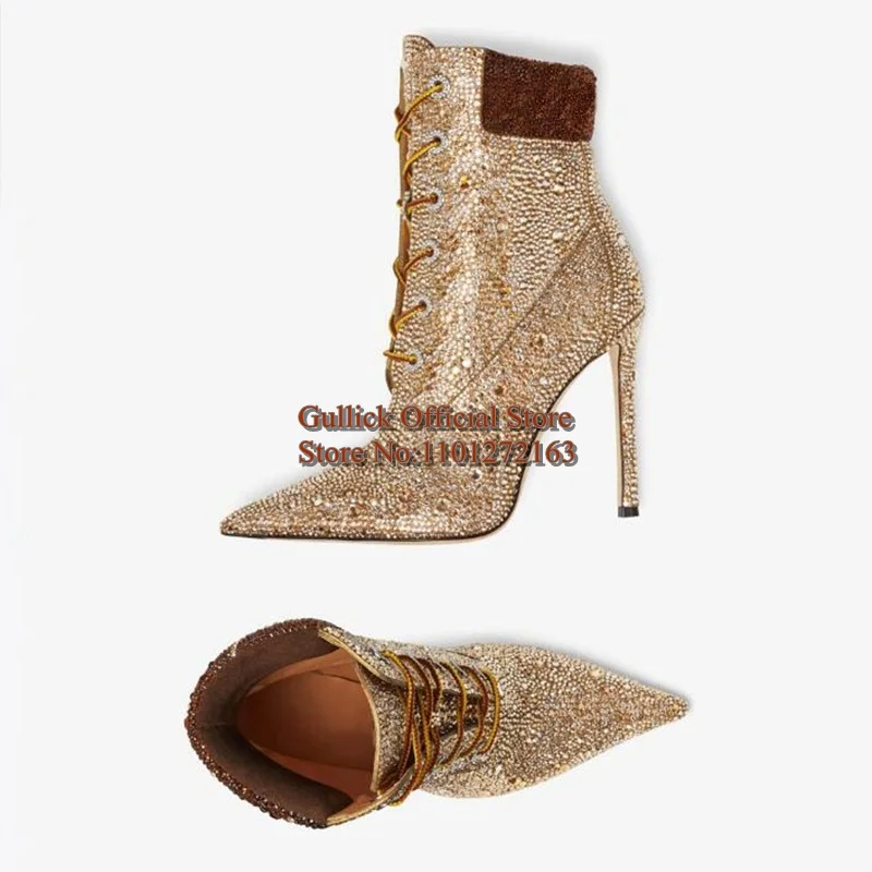 Handmade Crystal Pointed Toe Ankle Boots Mixed Colors Rhinestone Lace Up Lady Banquet Evening Dress Shoes - Image 3