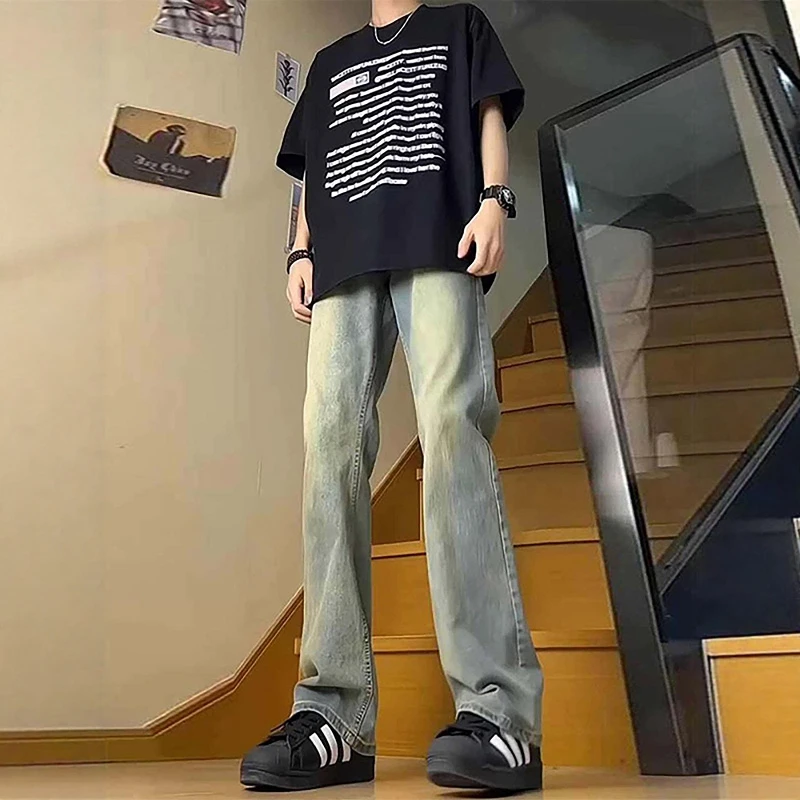 

adual Tie-Dye Slim Fit Straight Leg Jeans Men's Summer American High Street Cleanfit Loose Pants Low Waist Button Decor