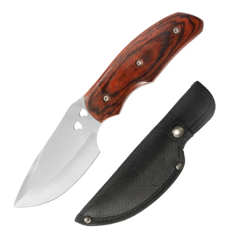 Outdoor Portable Straight Knife with Knife Cover, Stainless Steel Blade, Wooden Handle, Camping and Tourism Outdoor Tools