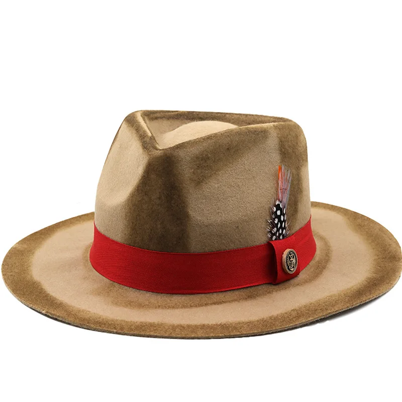 

Adults Unisex 100% Wool Hat Old Khaki Man Woman Jazz Hat high quaity Red Strap Western Cowboy Hat