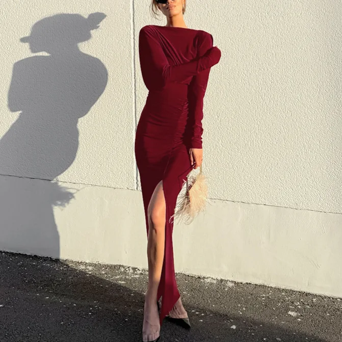 

Autumn New Sexy Fashion Temperament Backless Long Sleeves Slim High Waist Puckered Split Fork Long Dress Women