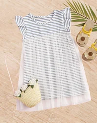 Girls fresh blue and white striped mesh patchwork dress