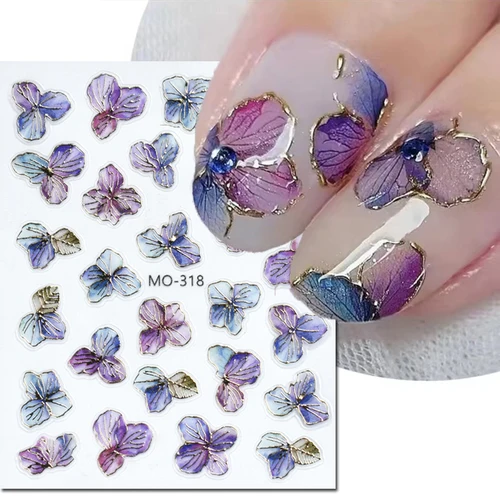 Pegatinas 5d en relieve para decoración de uñas, calcomanías semitransparentes de flores azules y moradas, líneas doradas, decoraciones para puntas de uñas, manicura