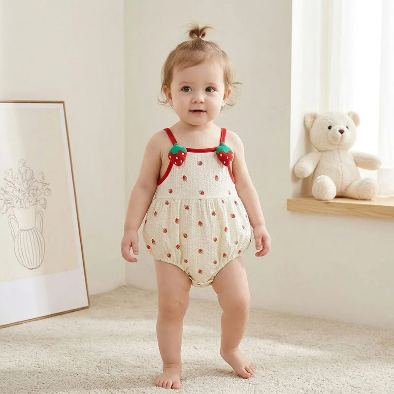 2026 Sommer Baby Bodysuit 3-24M Süßer Kleinkind Einteiler Cartoon Erdbeer Mädchen Overall Atmungsaktive Niedliche Säuglingskleidung