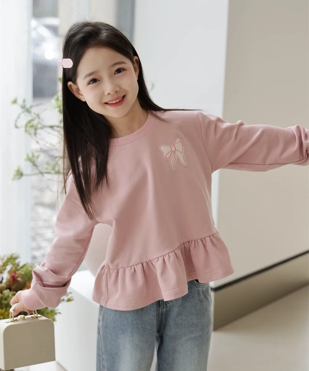 

kids tops girls hoodies Bowknot embroidered sweatshirt Girls' pink pullover Girls' sweet sports shirt with lace hem
