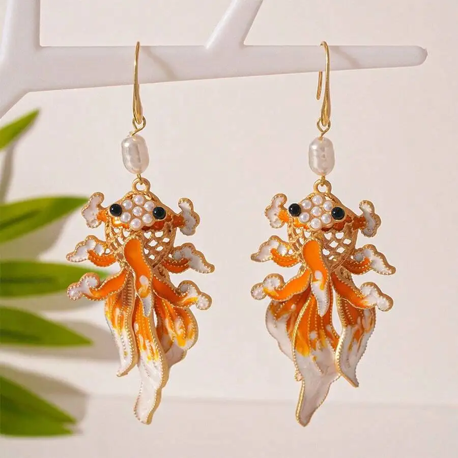 

Koi Fish Drop Earrings For Women Hypoallergenic Fashion Jewelry Orange White Enamel Pearl Accent