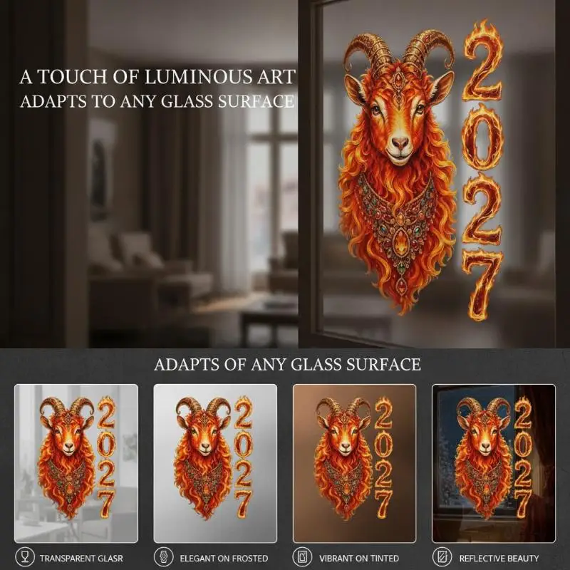 2027 Year of the Sheep Glass Decorative Stickers Peel & Stick No Residue Decals for New Year Christmas Restaurant Cafe Window D