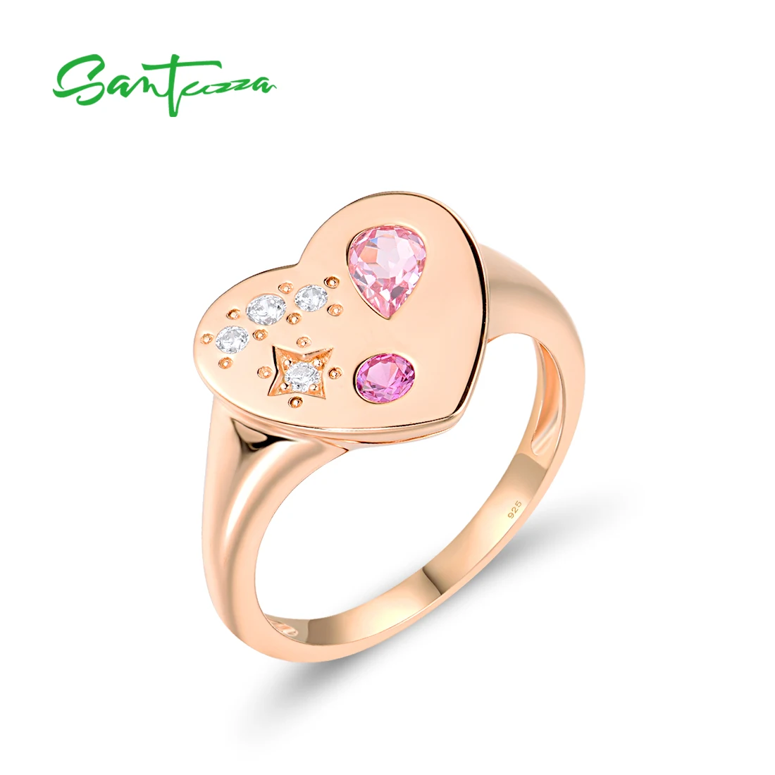 

SANTUZZA Real 925 Sterling Silver Rings For Women Sparkling Pink Created Sapphire White CZ Dlicate Heart Bride Fine Jewelry