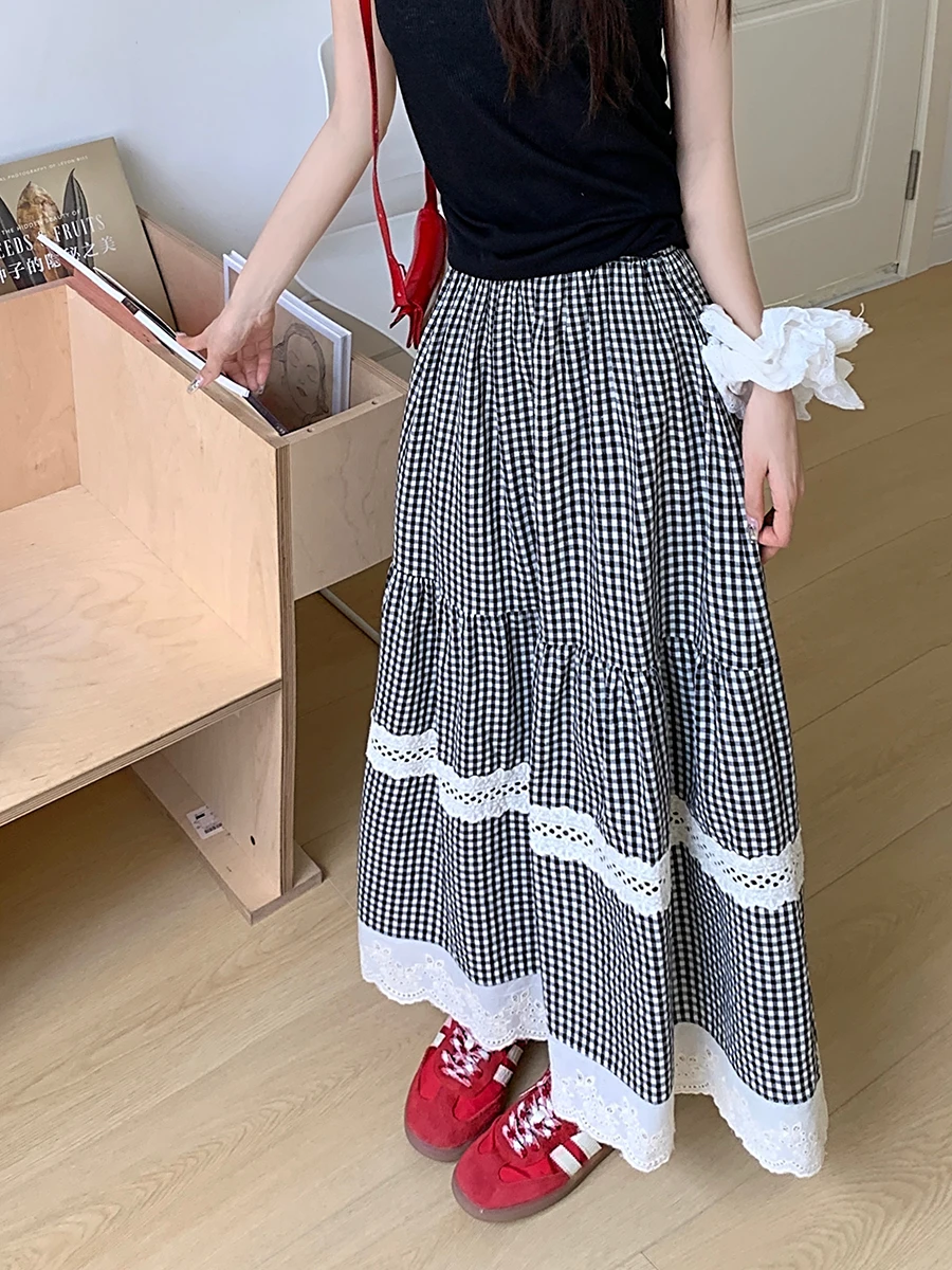 Women's Mesh Lace Splicing Skirt Y2K Korean Harajuku High Street College 2000s Aesthetic Retro A-line Casual Skirt Clothing 2024