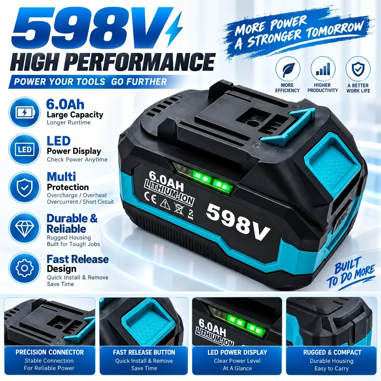 Batterie lithium-ion 598V 6,0 Ah, remplacement de batterie pour outils électriques, haute capacité, rechargeable, avec une longue durée de fonctionnement, de puissantes performances, une protection de sécurité et une large compatibilité pour les outils sans fil.