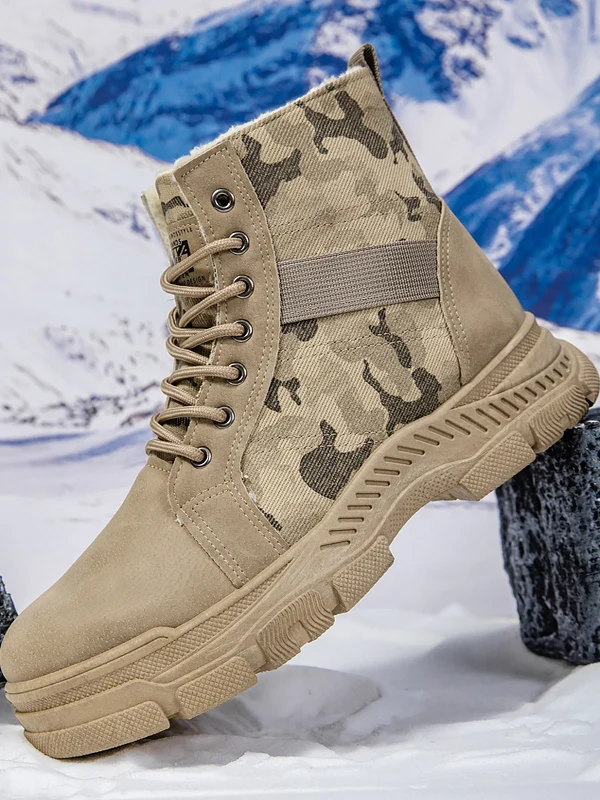 Novas Botas Masculinas Estilo Workwear 2026, Cano Alto, Algodão, Forradas com Lã para Primavera/Outono, Design Camufla...