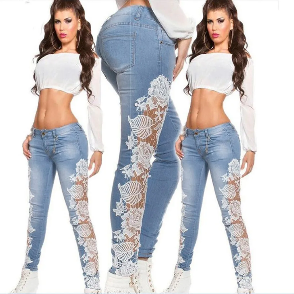 Lace Hollow Appliques Women Pencil Floral Fashion Pants Out Jeans Denim Women's Jeans Womens Stretch Straight Leg Pants