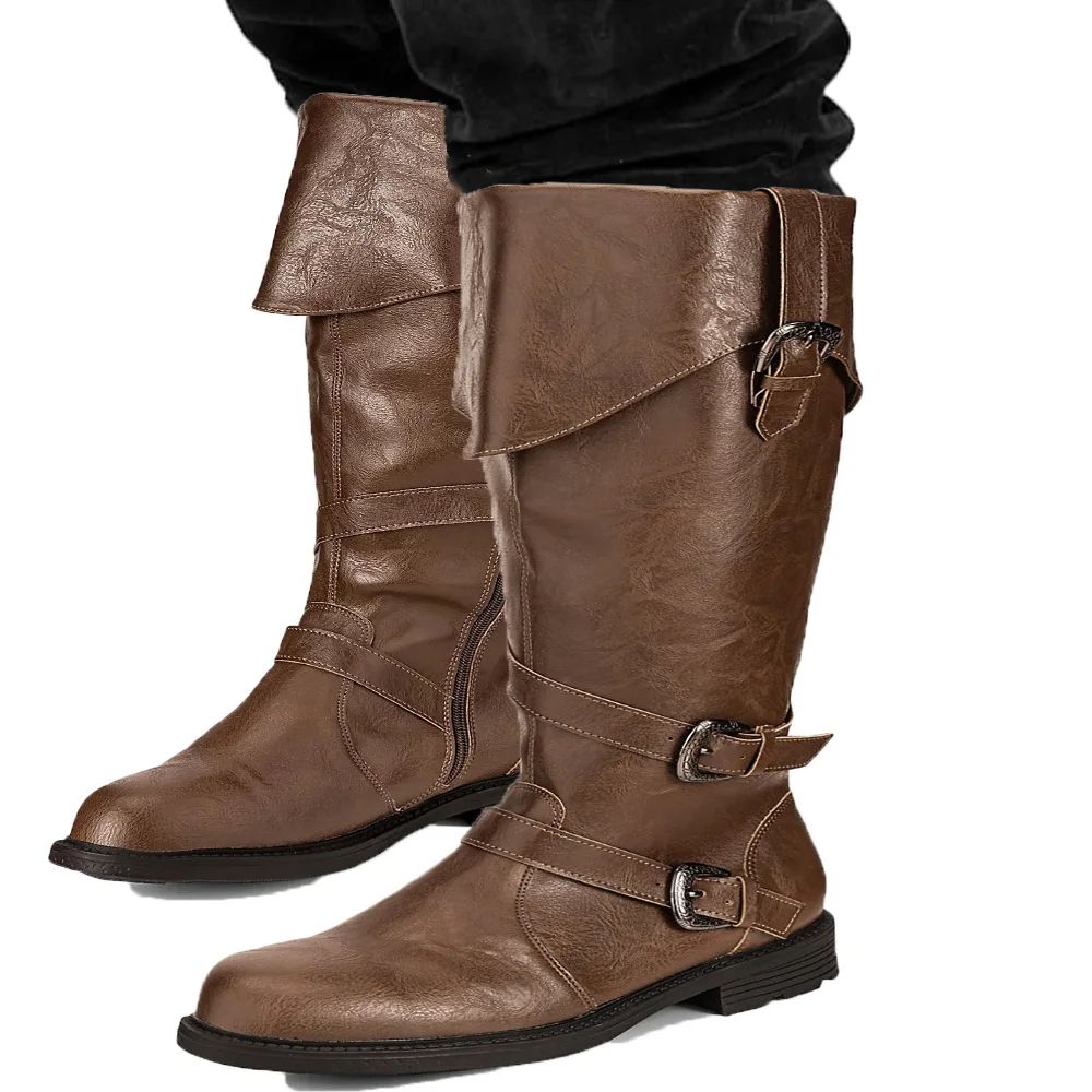 Herren Mittelalterliche Renaissance Piratenstiefel im Gothic-Stil, Schwarz-Braun, Halbhohe Stiefel für Halloween, Cosplay, Party, mit Schnallen, Niedrige Schuhe – Detail 2