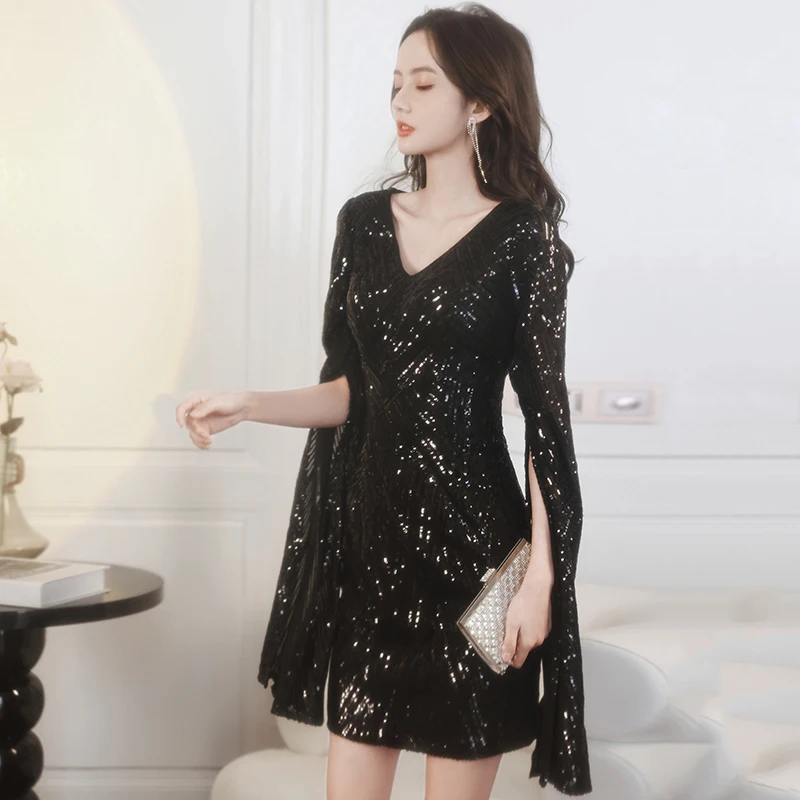 

Ele ort Sexy Bla Bodycon Dr Women's Parwear Korean Sle mid Waist Long Sve Zipper Closure V Ne Gown