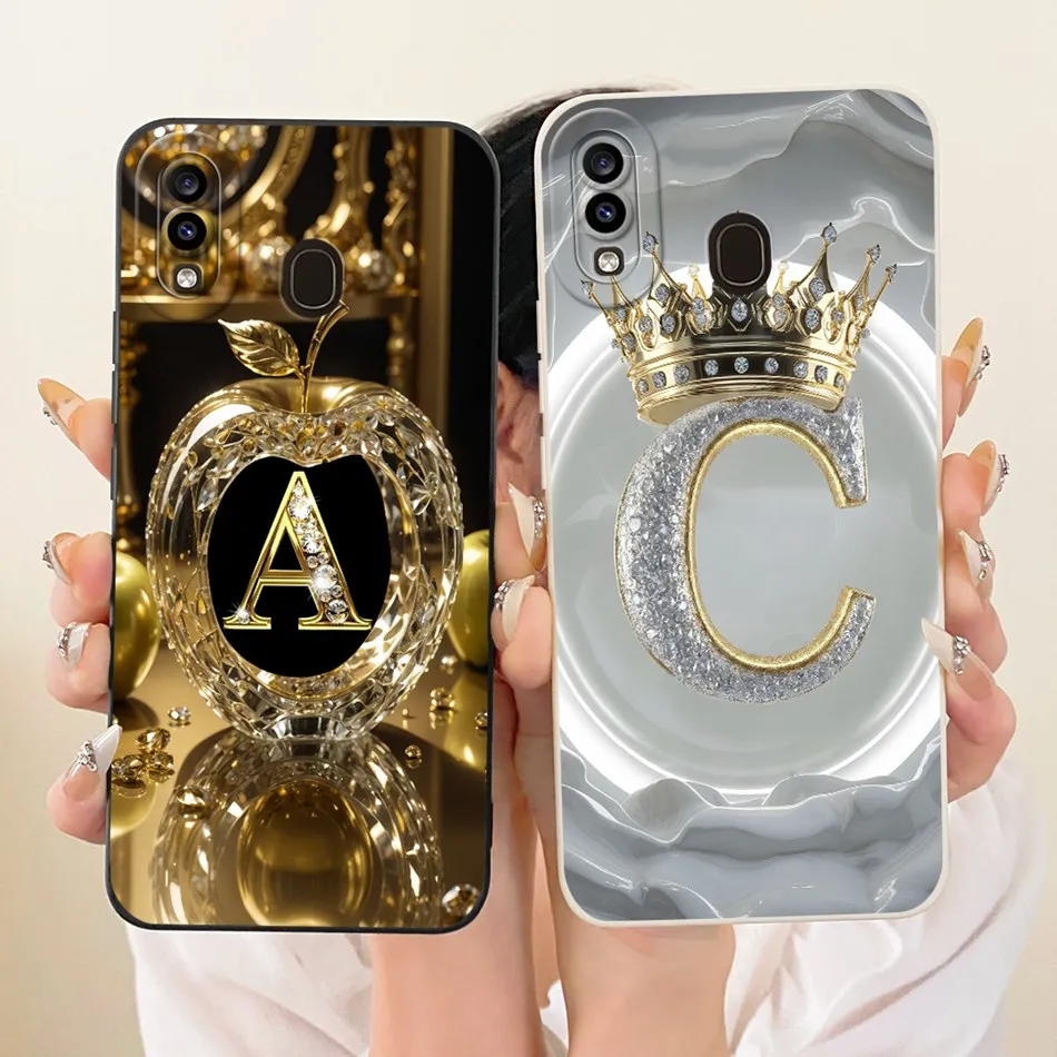For Samsung Galaxy A20 A20s Crystal Crown Initial Letter Phone Case For Samsung A 20 20S A207F A205F Soft Silicone Jelly Cases