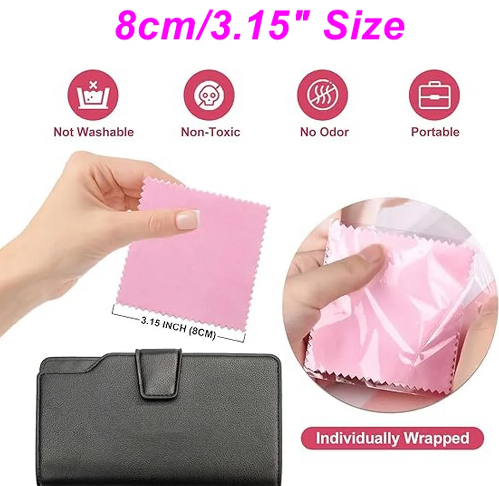 Paño de limpieza de joyería envuelto individualmente, paño de pulido rosa para plata esterlina, oro, platino, 8x8cm, 100 Uds.