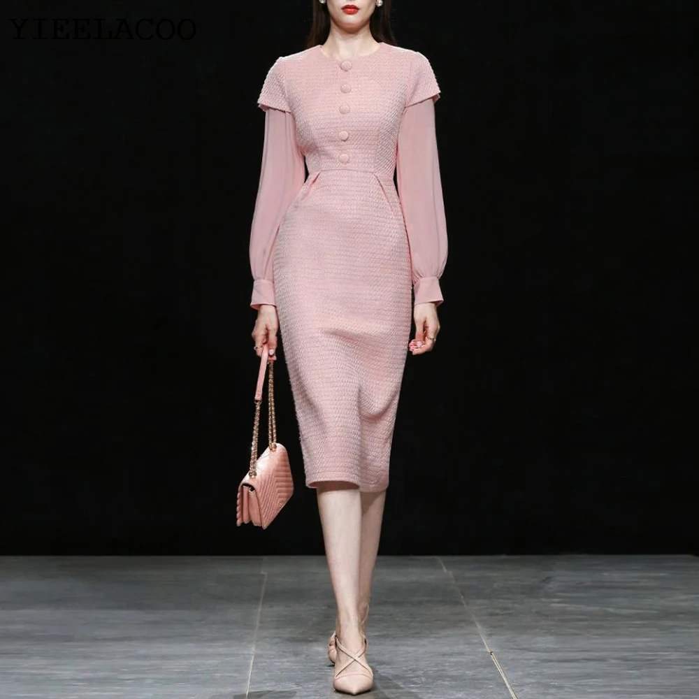 Elegant Pink Socialite Spring / Autumn Tweed Thin Women's Dress Small Fragrance Style New Braided One-piece Knee-length dress