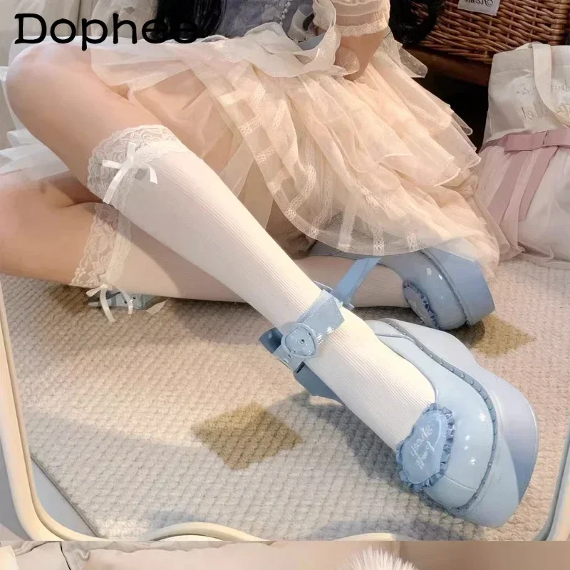 Lolita Mary Jane Shoes Female Sweet Girls Bow Love Platform Heels Lady Birthday Party Waterproof High Heels Spring and Summer