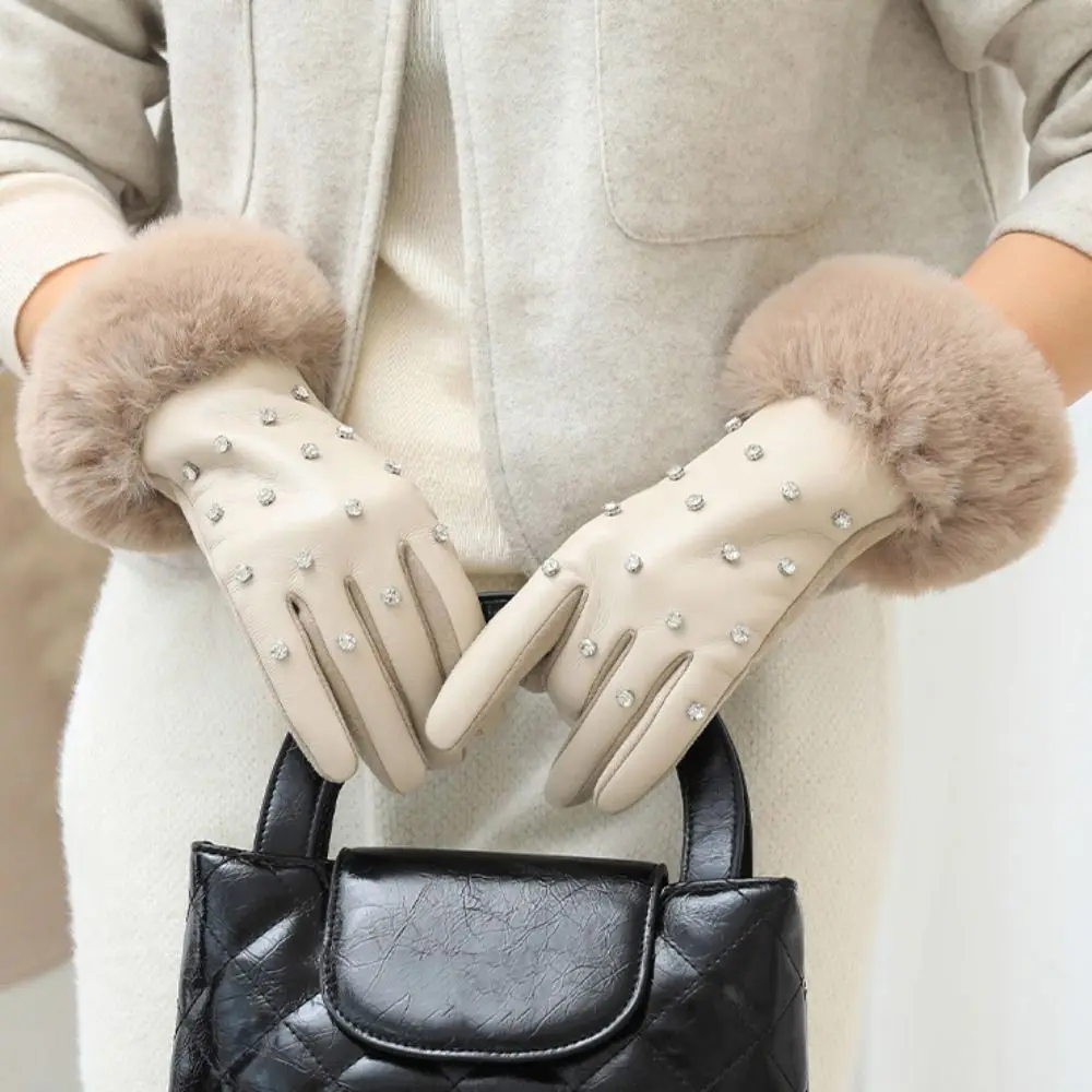 قفازات شتوية من حجر الراين المخملي للتزلج، قفازات جلدية سميكة من البولي يوريثان بلون سادة، قفازات دافئة للنساء لركوب الدراجات #2