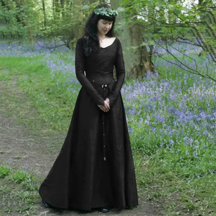 

Classical Medieval Mid-Body Fitted Dress round Neck Slimming Gown for Party Middle Ages Style Women's Traditional Costume