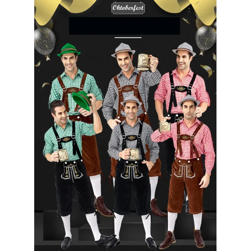 Adults Oktoberfest German Bavarian Shorts Outfit Overalls Shirt Hat Suspenders Short Set Halloween Costume Men Costumes Clothing