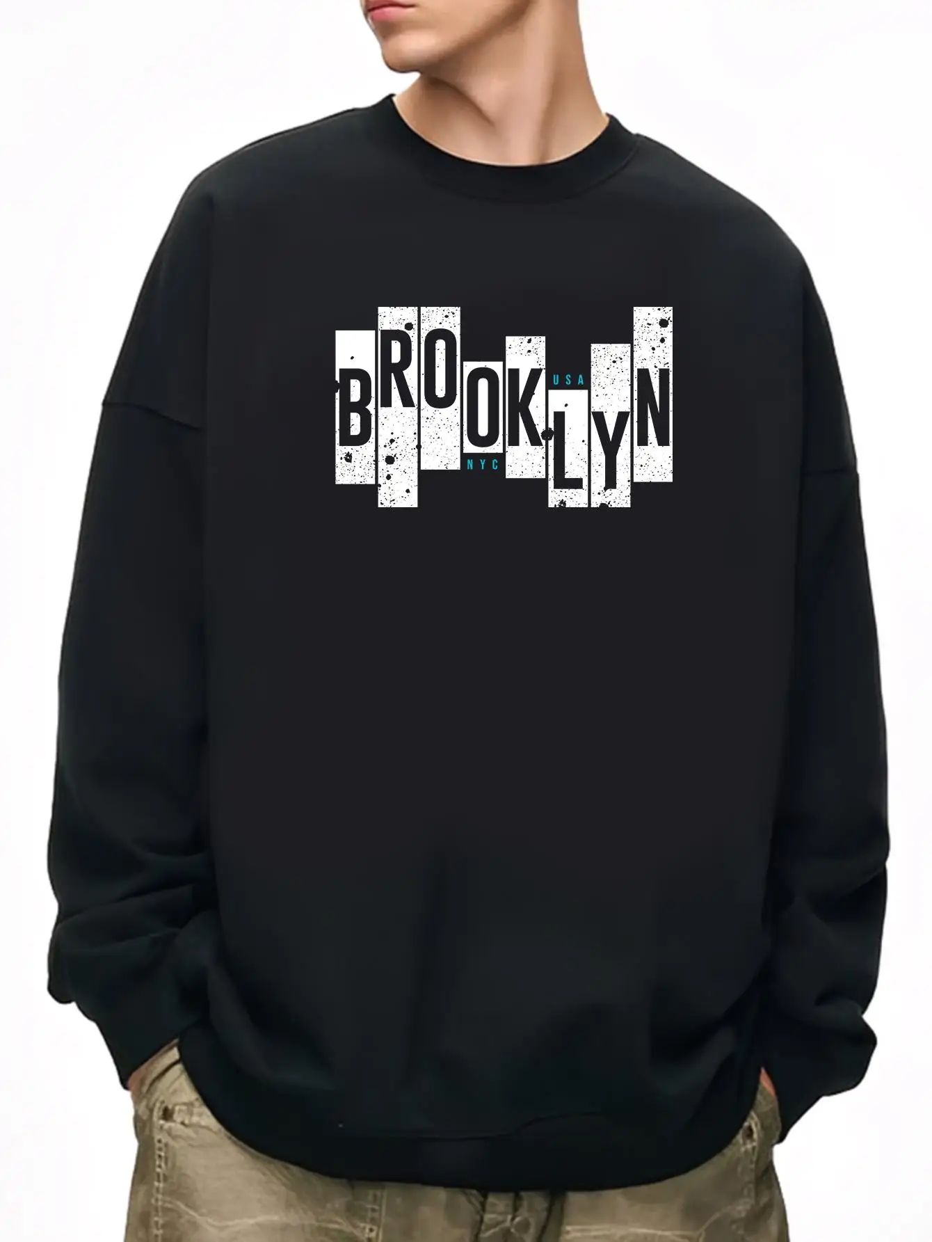 

Men's Black Loose Brooklyn Alphabet Print Sweater - BROOKLYN Pattern Crew Neck Pullover, Urban Street St