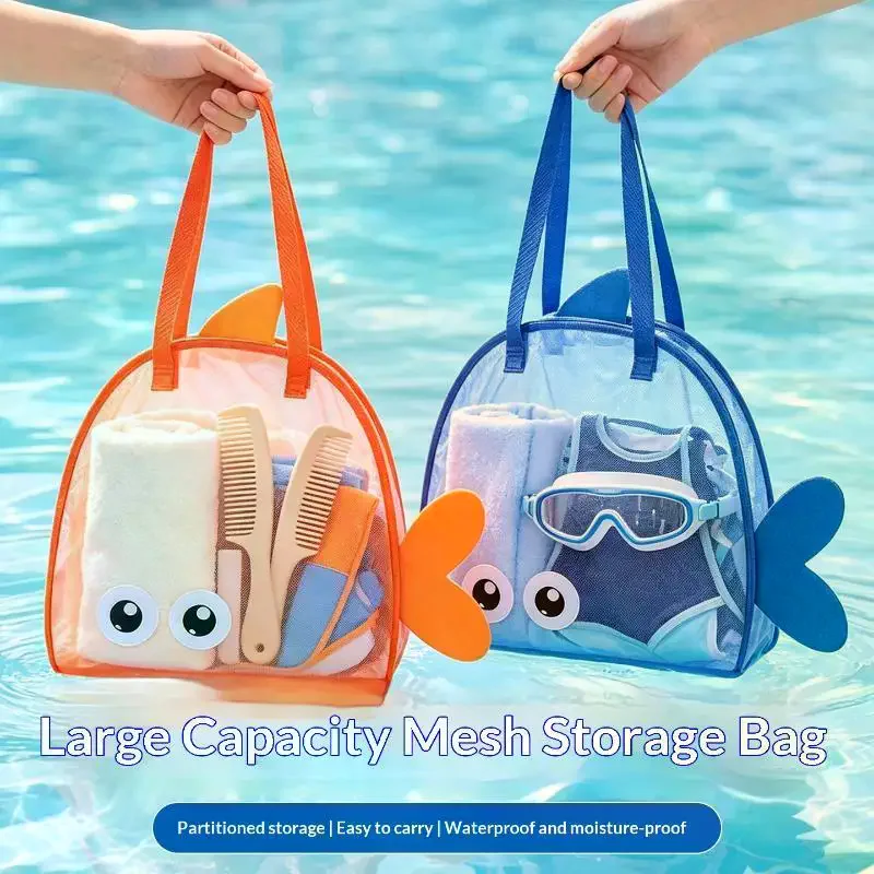 Cute Cartoon Large Capacity Storage Bag Foldable Breathable Mesh Sand Digging Toy Organizer Pouch For Travel Outdoor Sports