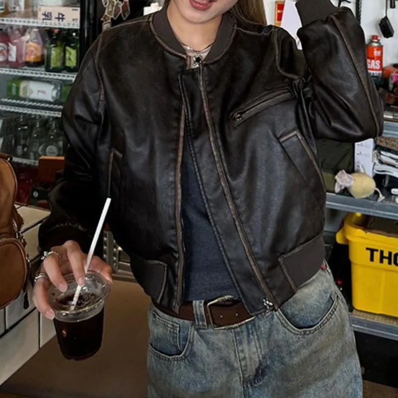 Women's Handmade Short Motorcycle Leather Jacket Jacket New Style Retro Coat Long Sleeves Versatile Top Leather Jacket