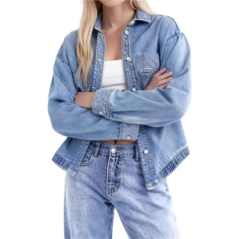 

Женская джинсовая рубашка оверсайз с длинным рукавом на пуговицах, блузка, джинсовая куртка с эффектом потертости, осенний образ